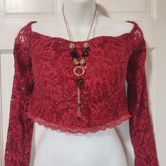 MY Michelle Red Lace Sequin Crop Top 13 - Picture 2 of 13